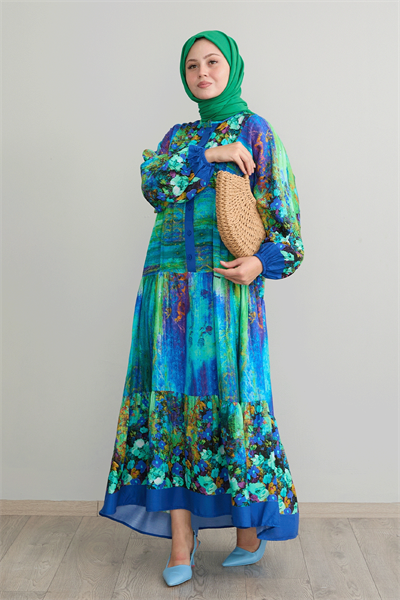 Soyut Çiçekli Yeşil Viskon Elbise