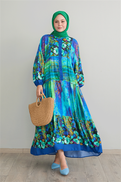 Soyut Çiçekli Yeşil Viskon Elbise