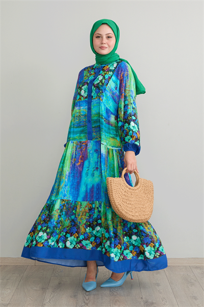 Soyut Çiçekli Yeşil Viskon Elbise