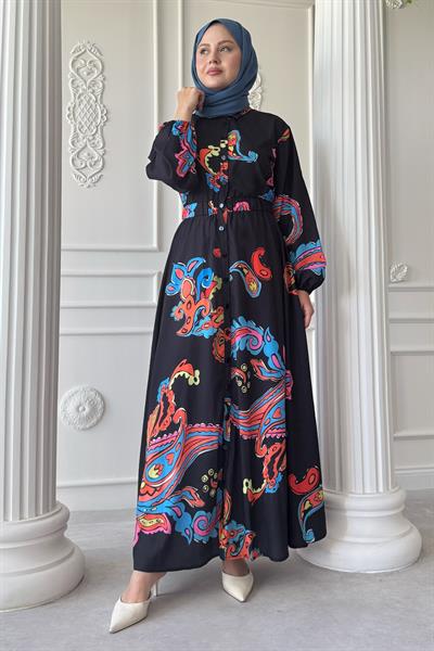 Soyut Geçişli Büzgülü Siyah Gömlek Elbise