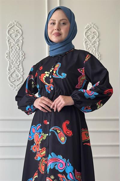 Soyut Geçişli Büzgülü Siyah Gömlek Elbise