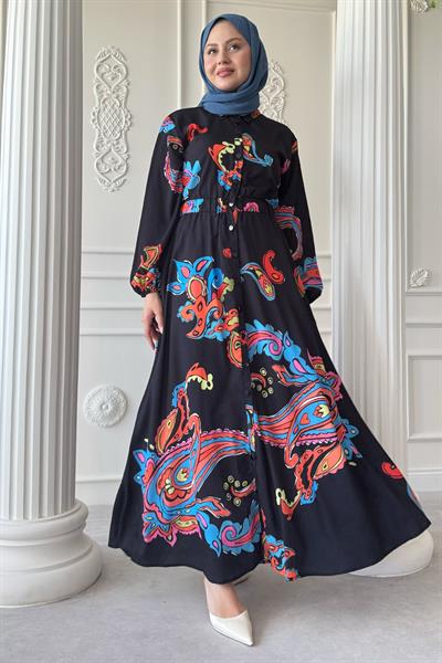 Soyut Geçişli Büzgülü Siyah Gömlek Elbise