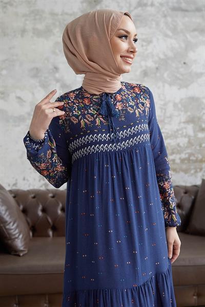 Watercolor Pattern Loose Dress - Navy