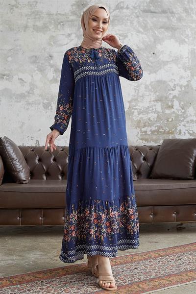 Watercolor Pattern Loose Dress - Navy