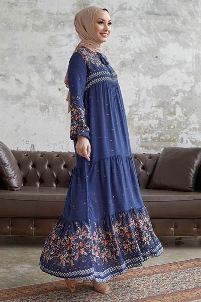 Watercolor Pattern Loose Dress - Navy