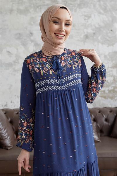 Watercolor Pattern Loose Dress - Navy