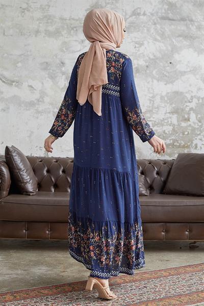 Watercolor Pattern Loose Dress - Navy