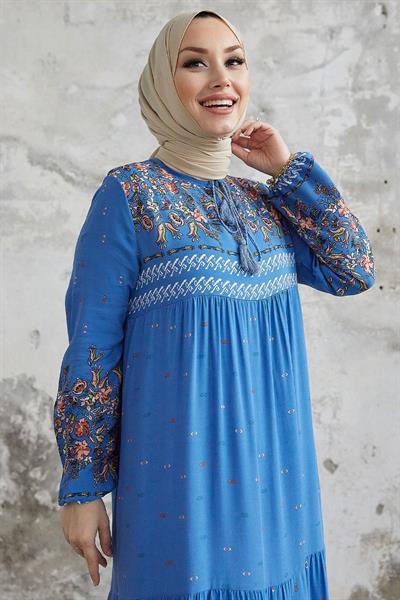 Sulu Desenli Salaş Elbise - Saks Mavisi