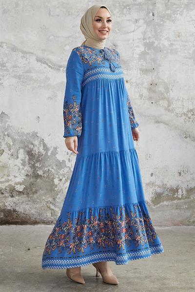 Sulu Desenli Salaş Elbise - Saks Mavisi