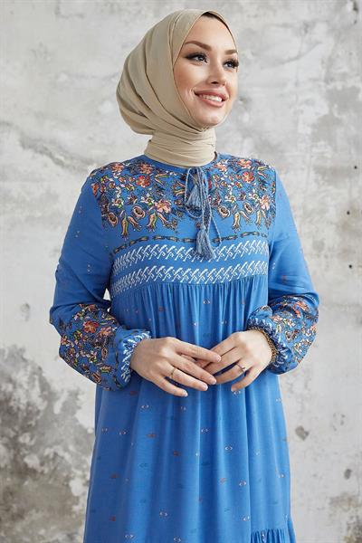 Sulu Desenli Salaş Elbise - Saks Mavisi