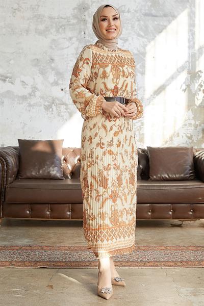 Tanya Piliseli Kemerli Şifon Elbise - Oranj