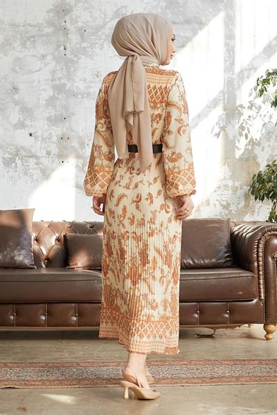 Tanya Piliseli Kemerli Şifon Elbise - Oranj