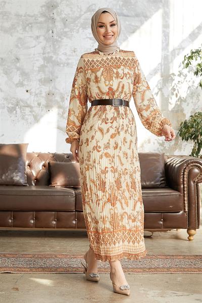 Tanya Piliseli Kemerli Şifon Elbise - Oranj