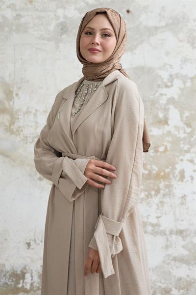 Taş Detay Keten Elbiseli Bej Takım