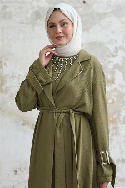 Taş Detay Keten Elbiseli Haki Takım