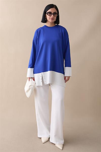 Taş Detay Triko Garnili Saks Mavisi Tunik