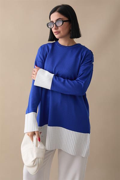 Taş Detay Triko Garnili Saks Mavisi Tunik