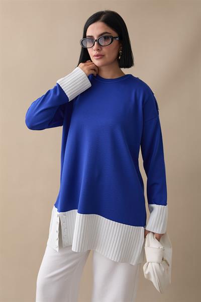 Taş Detay Triko Garnili Saks Mavisi Tunik