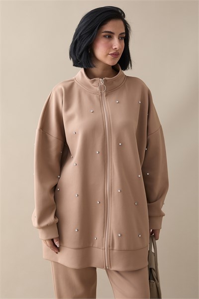 Stone-Detail Zippered Camel Scuba Suit