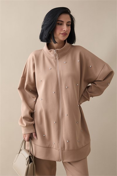 Stone-Detail Zippered Camel Scuba Suit