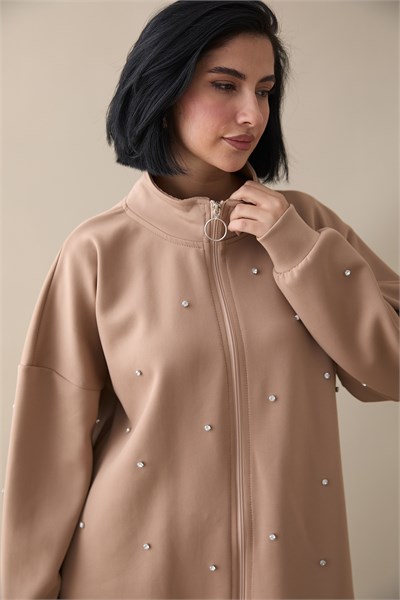 Stone-Detail Zippered Camel Scuba Suit