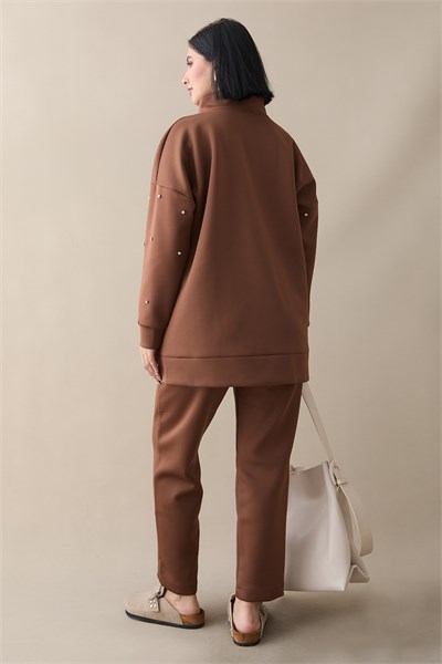 Stone-Detail Zippered Tan Scuba Suit