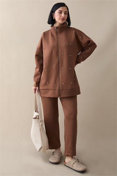 Stone-Detail Zippered Tan Scuba Suit