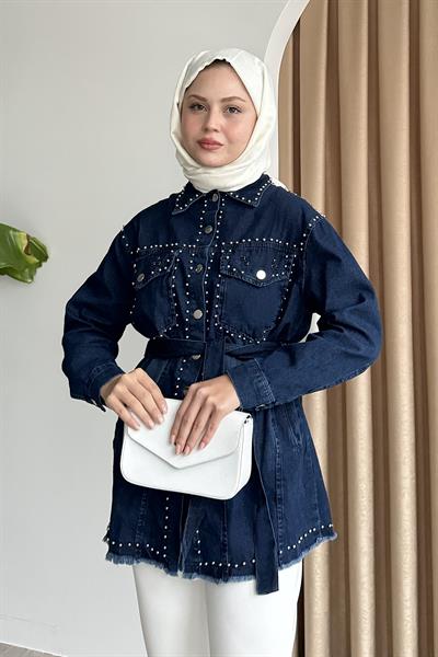Taş Detaylı Kot Mavi Gömlek Ceket
