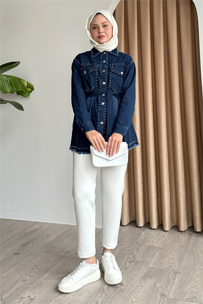 Taş Detaylı Kot Mavi Gömlek Ceket
