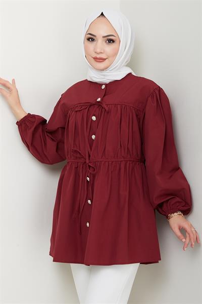 Taş Düğmeli Büzgülü Bordo Gömlek