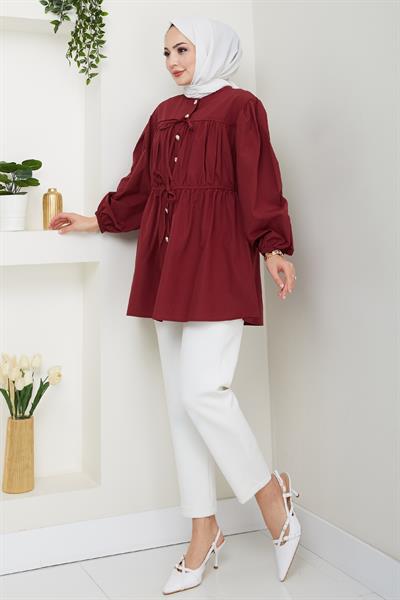 Taş Düğmeli Büzgülü Bordo Gömlek