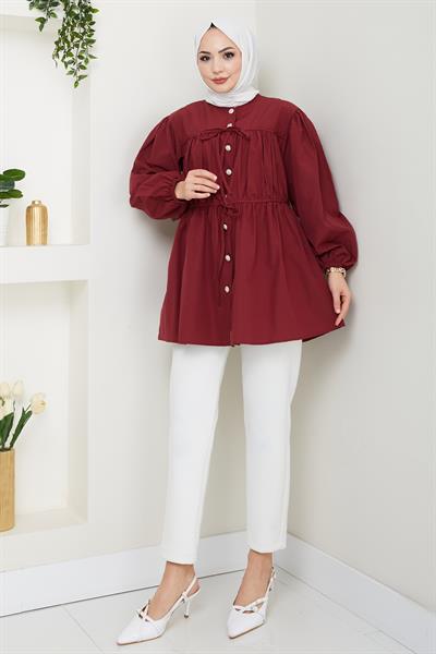 Taş Düğmeli Büzgülü Bordo Gömlek