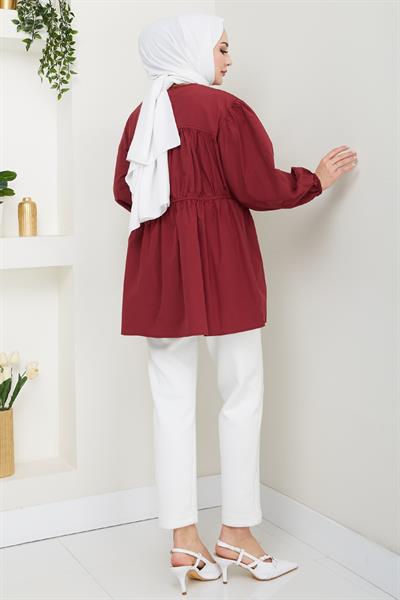Taş Düğmeli Büzgülü Bordo Gömlek