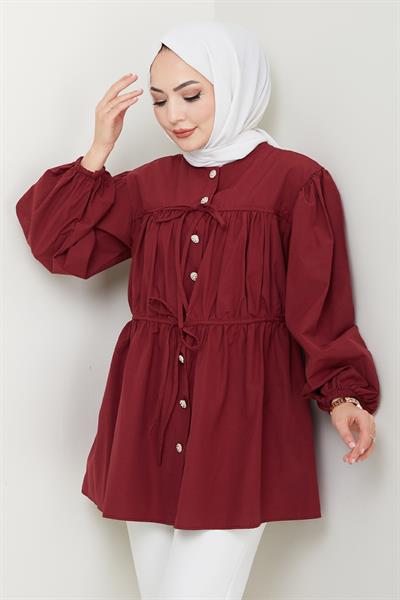 Taş Düğmeli Büzgülü Bordo Gömlek