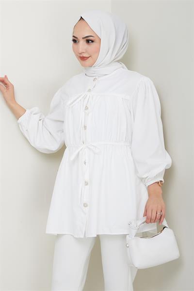 Taş Düğmeli Büzgülü Ekru Gömlek