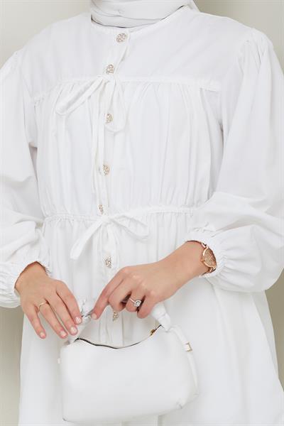Taş Düğmeli Büzgülü Ekru Gömlek