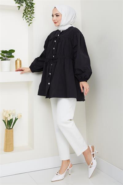 Taş Düğmeli Büzgülü Siyah Gömlek