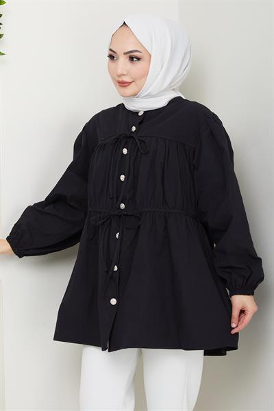 Taş Düğmeli Büzgülü Siyah Gömlek