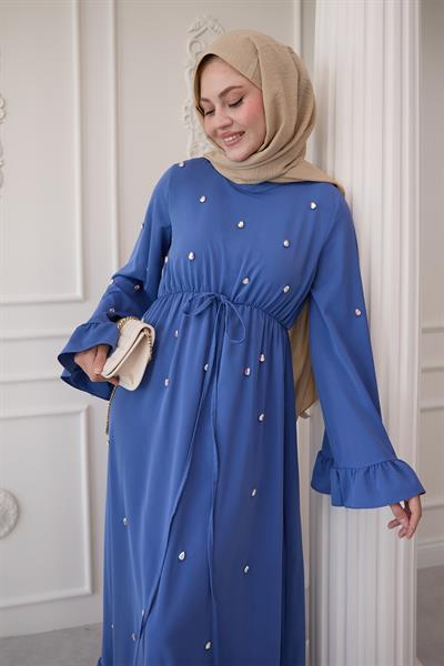 Taş İşlemeli Kolu Fırfırlı Mavi Elbise