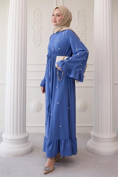 Taş İşlemeli Kolu Fırfırlı Mavi Elbise