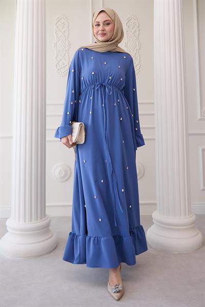 Taş İşlemeli Kolu Fırfırlı Mavi Elbise