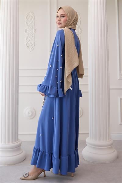 Taş İşlemeli Kolu Fırfırlı Mavi Elbise