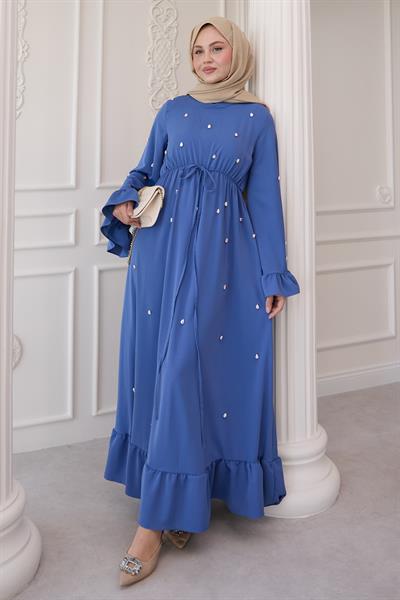 Taş İşlemeli Kolu Fırfırlı Mavi Elbise