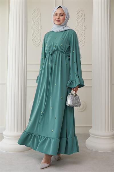 Taş İşlemeli Kolu Fırfırlı Mint Elbise