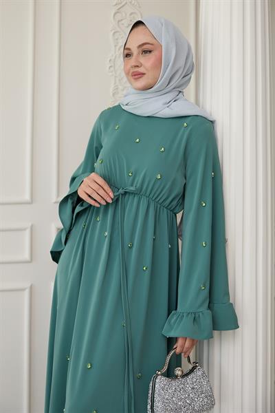 Taş İşlemeli Kolu Fırfırlı Mint Elbise