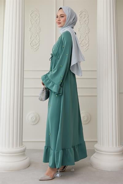 Taş İşlemeli Kolu Fırfırlı Mint Elbise