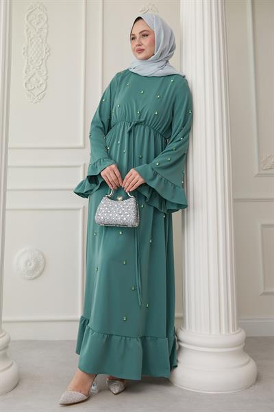 Taş İşlemeli Kolu Fırfırlı Mint Elbise