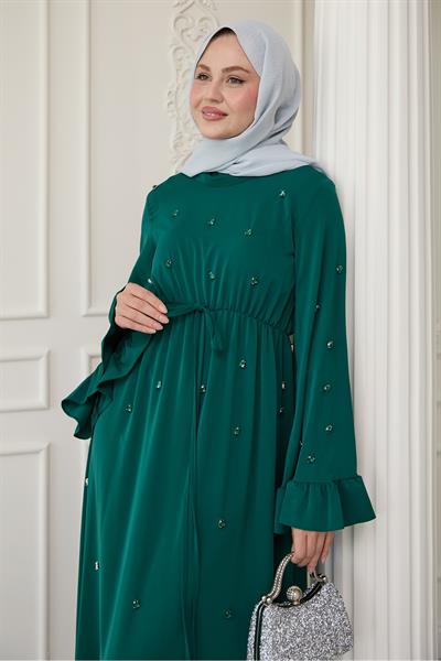 Taş İşlemeli Kolu Fırfırlı Zümrüt Yeşili Elbise