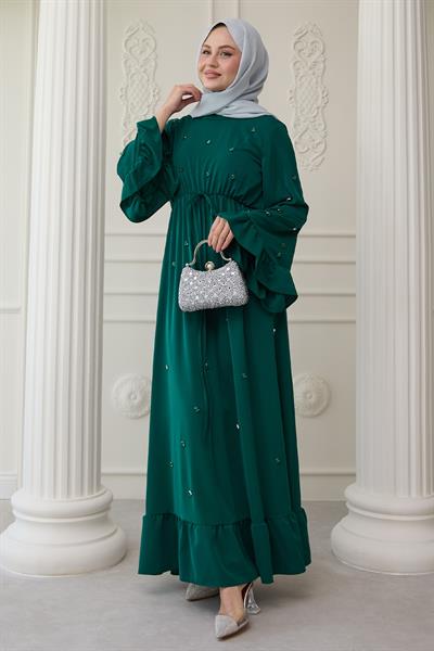 Taş İşlemeli Kolu Fırfırlı Zümrüt Yeşili Elbise