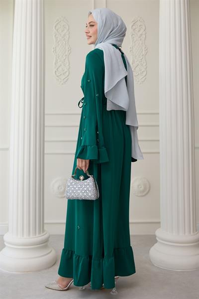 Taş İşlemeli Kolu Fırfırlı Zümrüt Yeşili Elbise